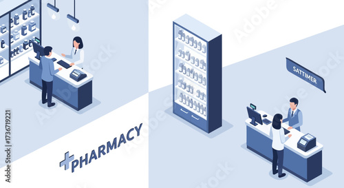 Modern Pharmacy Interior Design with Customer Service Counters and Medication Displays for Health and Wellness Services