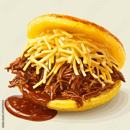 Arepa Peluda with Shredded Beef and Yellow Cheese