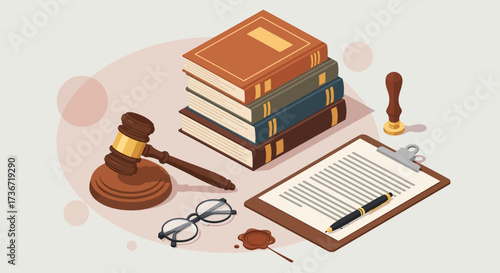 A gavel sits on a wooden stand next to a stack of old books and a clipboard with legal documents and a pen symbolizing justice and legal proceedings