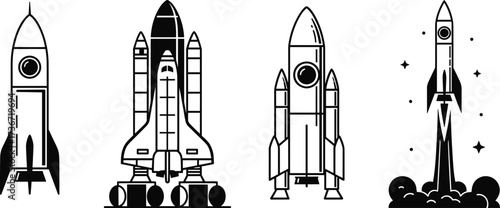 Rocket and Shuttle Silhouette Vector Set – Launch Vehicles, Boosters, and Spacecraft for Space Exploration, STEM, and Futuristic Design Themes