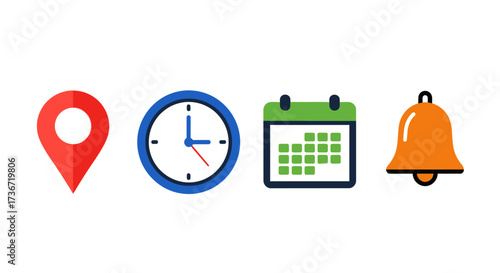 Collection of Icons Representing Location Time Calendar and Notification Symbols for Organization and Planning