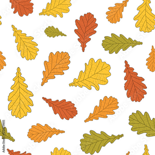 Abstract botanical pattern. Seamless print composed of green, yellow, red, orange silhouette of leaves of oak with black line vein on white background. Botanical colorful background.