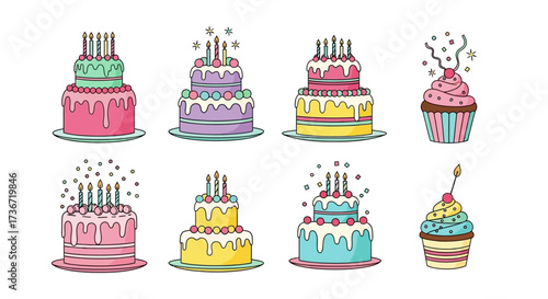Delightful Assortment of Illustrated Celebration Cakes and Cupcakes Featuring Candles and Sprinkles for Festive Occasions