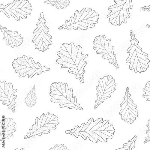 Abstract botanical pattern. Seamless print composed of black line of leaves of oak on white background.