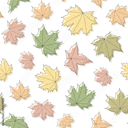 Abstract botanical pattern. Seamless print composed of red, green, yellow, orange silhouette of leaves of maple with black line vein on white background. Botanical colorful background.