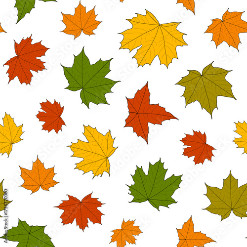 Abstract botanical pattern. Seamless print composed of green, yellow, red, orange silhouette of leaves of maple with black line vein on white background. Botanical colorful background.