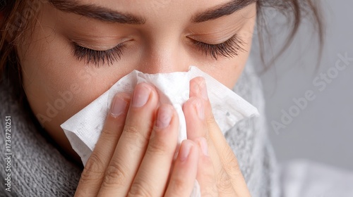 Young Woman Using a Tissue to Relieve Cold Symptoms During Flu Season