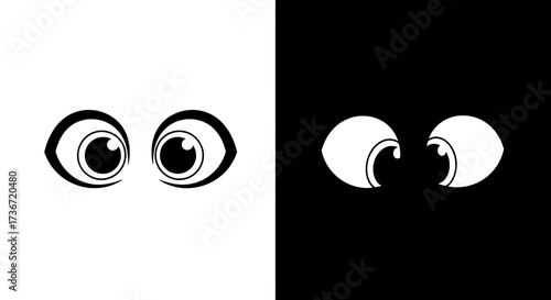Two sets of cartoon eyes one pair looking left on a white background the other pair looking right on a black background