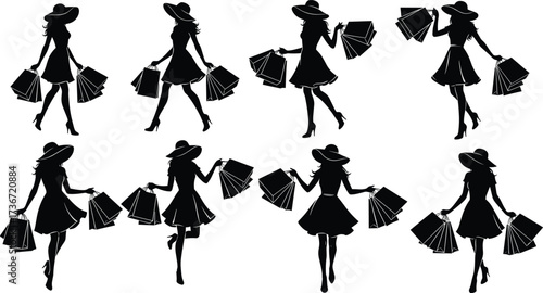 Shopping Woman Silhouette Vector Set – Fashionable Poses with Bags and Hat for Retail, Style, Consumerism, and Design Themes