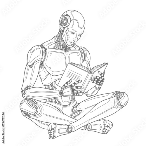 Futuristic humanoid robot deeply absorbed in reading a book, symbolizing advanced AI learning and knowledge acquisition