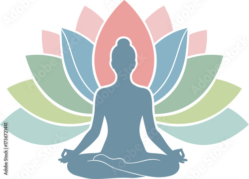 Silhouette of person meditating in lotus position in front of a colorful lotus flower design