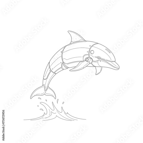 Elegant mechanical dolphin leaps from ocean waves, reflecting advanced aquatic robotics and future technology design.
