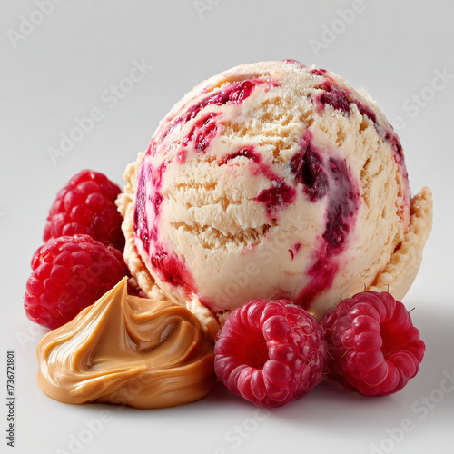 Single scoop of peanut butter and raspberry jam ice cream, creamy beige base swirled with vibrant raspberry jam, 