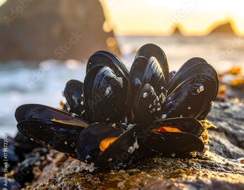 Mussels on a rock at sunset