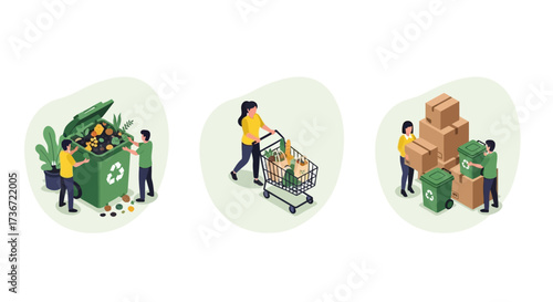 Illustrations depicting waste sorting recycling and responsible consumption habits for a cleaner environment