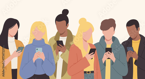 Diverse Group of People Engaged with Their Smartphones and Digital Devices in a Modern Setting