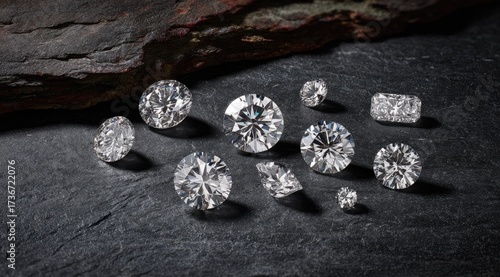 Brilliant-cut, round, and rectangular gemstones scattered on a rough, dark-gray stone surface