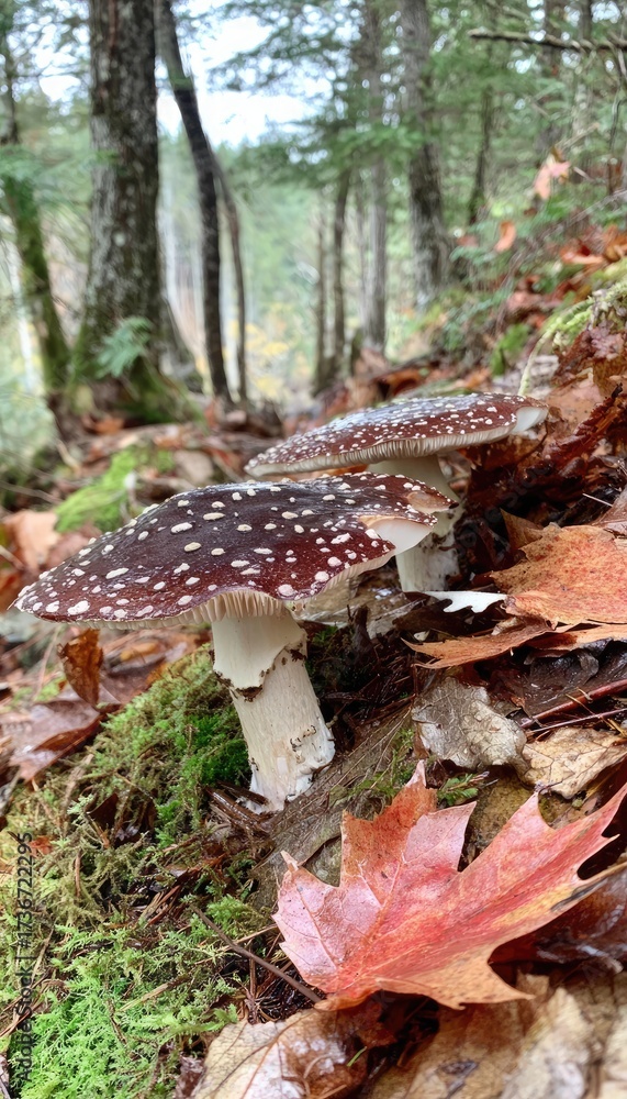 Fototapeta premium Three spotted mushrooms in a forest, surrounded by autumn leaves and moss