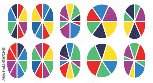 Collection of Colorful Pie Chart Illustrations Representing Data Division and Proportions