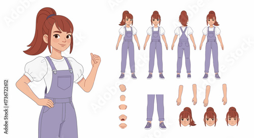 Character design sheet showing a young woman with overalls and various poses and expressions for animation purposes