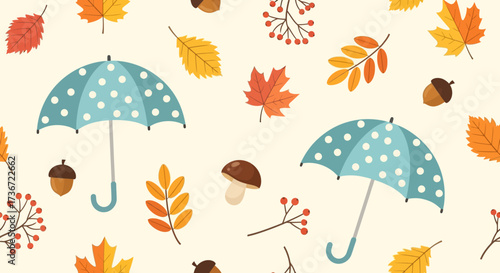A Whimsical Autumn Pattern Featuring Falling Leaves Umbrellas Acorns and Mushrooms for Seasonal Decor and Designs