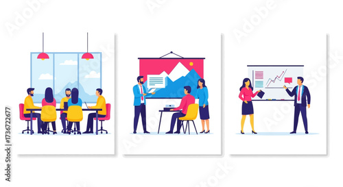 Business Meeting and Presentation Scenes Showing Collaboration and Strategy Development in Corporate Environments
