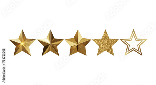 A Complete Collection of Golden Stars Showing Different Textures and Designs for Celebratory and Award Occasions