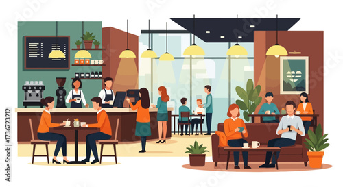 A Lively Coffee Shop Scene Featuring Diverse Patrons Enjoying Beverages and Conversations Amidst a Warm Ambiance