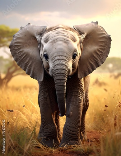 Adorable baby elephant in savanna