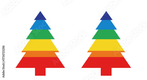 Two Vibrant Rainbow Colored Christmas Trees Standing Side By Side Symbolizing Festive Joy And Holiday Spirit In A Bright White Space