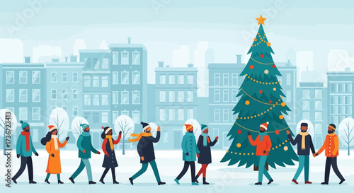Diverse group of people walk through a winter cityscape towards a decorated Christmas tree during the holiday season