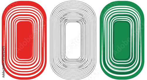 Three Oval Shapes with Concentric Lines Representing Stadium Tracks or Running Courses in Red White and Green