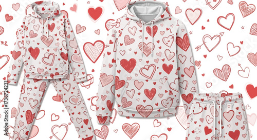 White hoodie and sweatpants with red and pink heart pattern on a white background valentine's day apparel