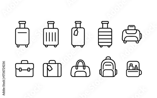 A modern and minimal set icons showcasing a variety of travel luggage and bags. Ideal for apps, booking platforms, airlines, packing guides, and travel blogs.