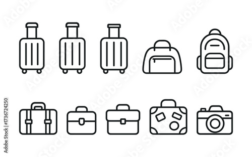 A modern and minimal set icons showcasing a variety of travel luggage and bags. Ideal for apps, booking platforms, airlines, packing guides, and travel blogs.