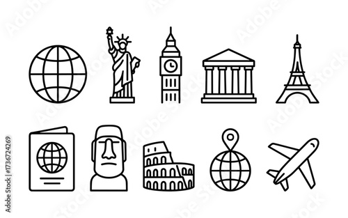 A modern and minimal set icons showcasing a variety of travel luggage and bags. Ideal for apps, booking platforms, airlines, packing guides, and travel blogs.