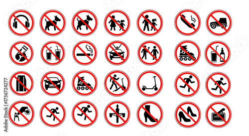 Collection of Forbidden Activity Signs and Symbols Illustrating Prohibited Actions and Items for Public Safety and Order