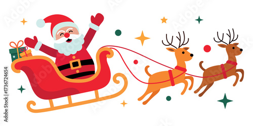 Santa Claus riding sleigh with reindeer and Christmas gifts in festive flat vector illustration