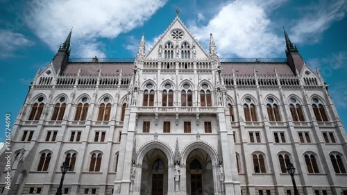 Timelapse Of The Hungarian Parliament Building In Budapest, Front View Against Running Clouds In The Sky