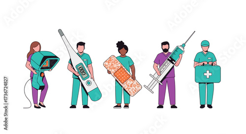 Medical professionals with healthcare equipment for patient care and treatment during a health crisis