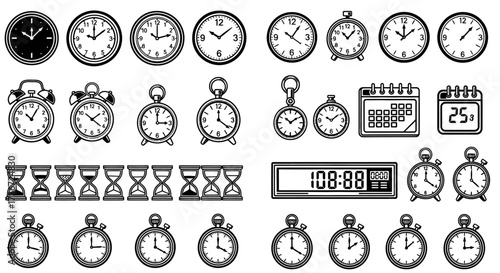 A Comprehensive Collection of Vintage and Modern Timekeeping Devices Displayed in a Grid Layout for Easy Reference and Design Inspiration