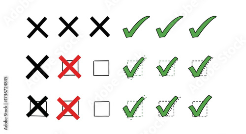 Visual Representation of Choices and Selections Using Checkmarks and Crosses Demonstrating Different Levels of Confirmation and Exclusion