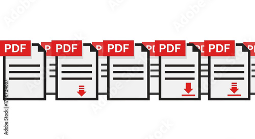 A Row of PDF Documents with Download Icons Suggesting Bulk File Sharing or Archiving Processes