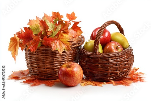 Charming Thanksgiving Baskets Filled with Autumn's Beauty â€“ Harvested Apples and Leaves on a White Background