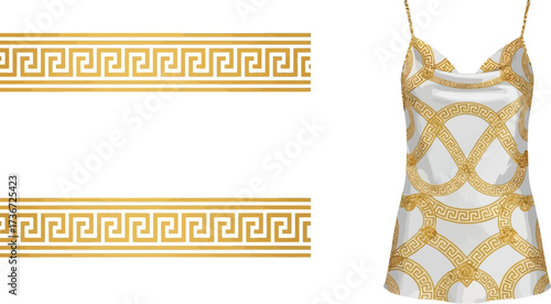 Isolated white and gold tank top with greek key pattern and decorative borders on a white background