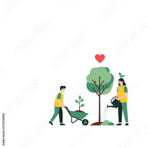 People planting trees and watering plants together for environmental sustainability and a healthy planet
