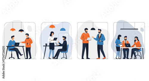 Modern Office Collaboration Teamwork and Meeting Scenes Vector Illustration Collection Illustrating Professional Interactions in Diverse Work Environments