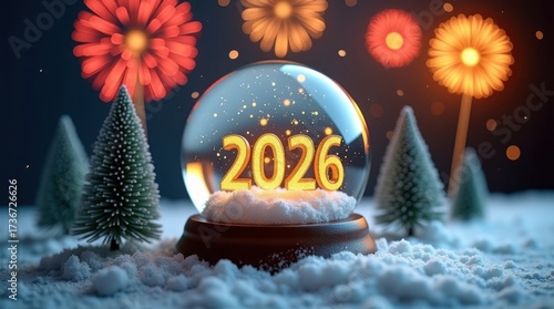 Snow globe with 2026 inside surrounded by snow covered pine trees and fireworks