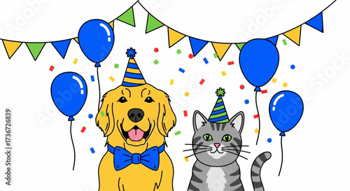 Adorable Dog and Cat Wearing Party Hats Celebrate a Special Occasion with Balloons and Confetti