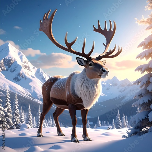 Majestic reindeer in snowy mountain scenery